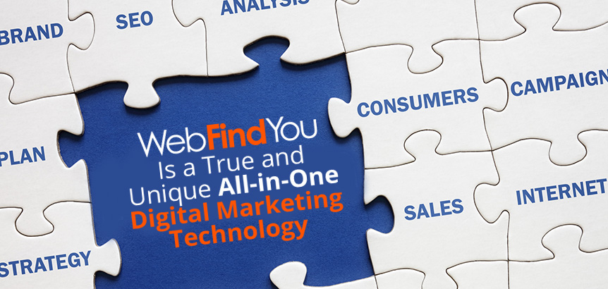 Digital Marketing Concepts Shown as Puzzle Pieces Which WebFindYou's True and Unique All-in-One Technology Completes