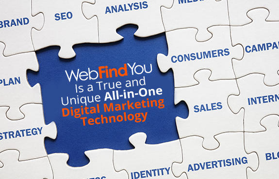 Digital Marketing Concepts Shown as Puzzle Pieces Which WebFindYou's True and Unique All-in-One Technology Completes