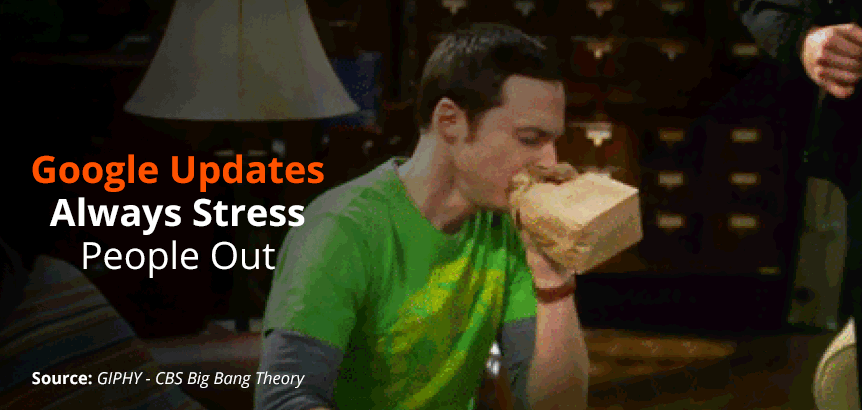 Man in Green Shirt Hyperventialiting Into Paper Bag Because Google Updates Always Stress People Out