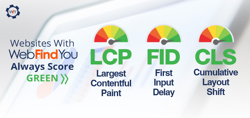 WebFindYou Websites Always Score Green in LCP, FID, and CLS Metrics Shown Under Performance Gauges