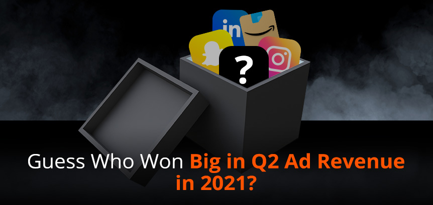 Mystery Box With Amazon, LinkedIn, Twitter, Snapchat App Logos Floating Behind Unknown Logo Symbolizing Won Most Ad Revenue