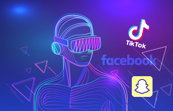 Animation of Person Wearing VR Headset With Social Media Logos Next To Them