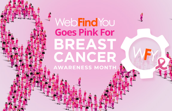 Illustration of Crowd Gathered In Shape Of Breast Cancer Awareness Ribbon With WebFindYou Logo