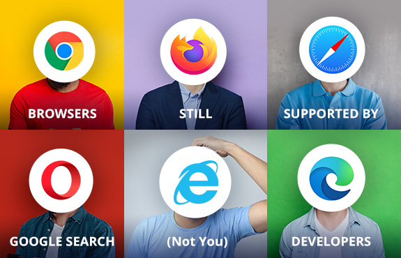 Six Browser Logos On People's Heads as Google Search Supports Modern Browsers Except Internet Explorer 11