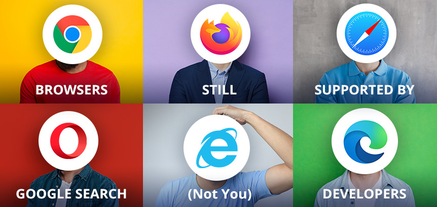 Six Browser Logos On People's Heads as Google Search Supports Modern Browsers Except Internet Explorer 11