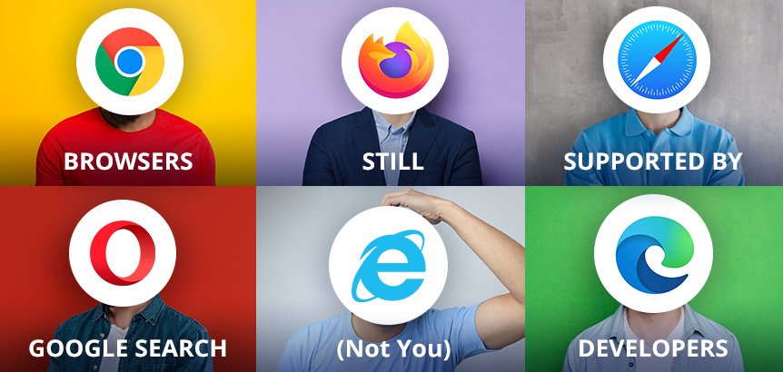 Six Browser Logos On People's Heads as Google Search Supports Modern Browsers Except Internet Explorer 11