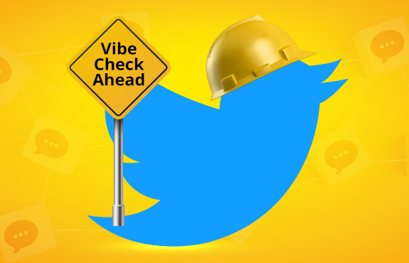 Twitter Bird With Yellow Helmet Holding Sign Saying Vibe Check Ahead As Company Tests New Feature