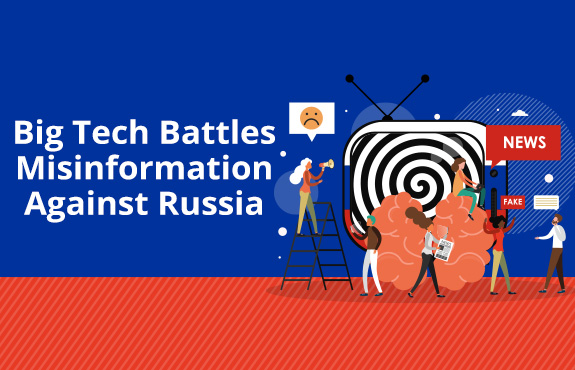 People Surrounding TV Broadcasting Russian State Media Propaganda as Big Tech Battles Misinformation Against Russia