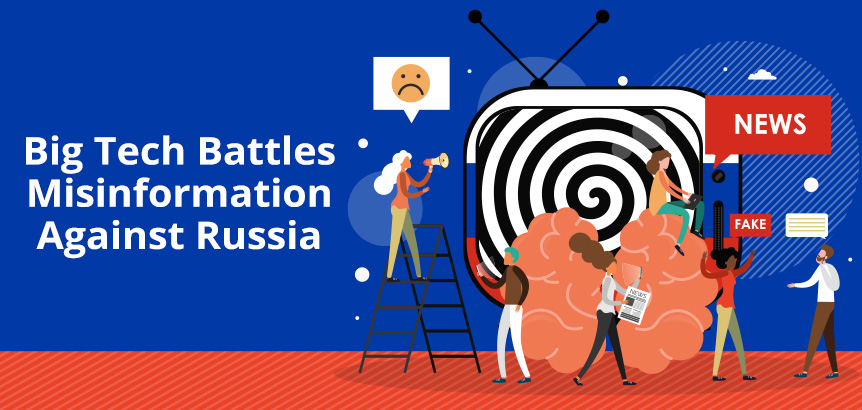 People Surrounding TV Broadcasting Russian State Media Propaganda as Big Tech Battles Misinformation Against Russia