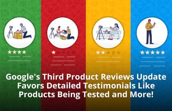 People on Striped Background Reviewing Products Using Stars as Google's Third Product Reviews Update Favors Detailed Testimonials