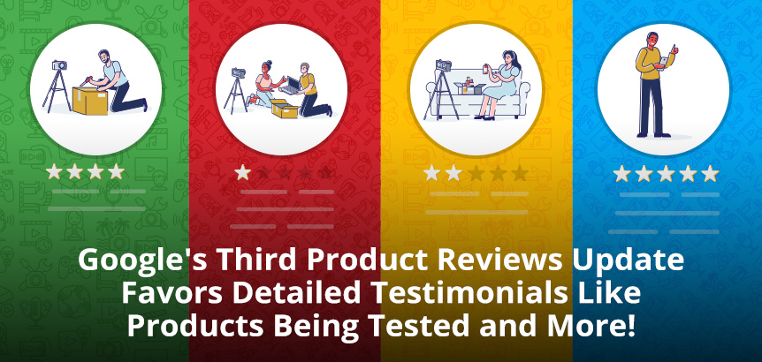 People on Striped Background Reviewing Products Using Stars as Google's Third Product Reviews Update Favors Detailed Testimonials