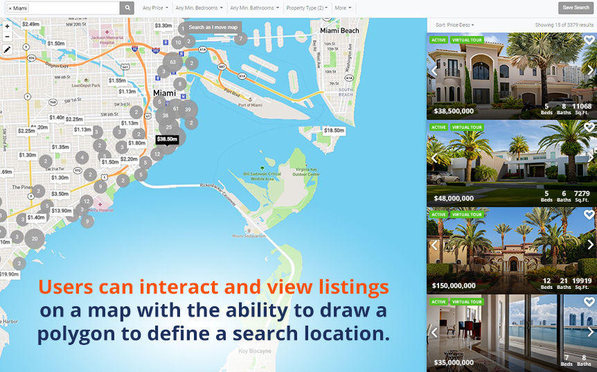 IDX Showing Miami Homes for Sale Where Users View Listings on Map and Define Search Locations