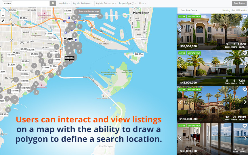 IDX Showing Miami Homes for Sale Where Users View Listings on Map and Define Search Locations