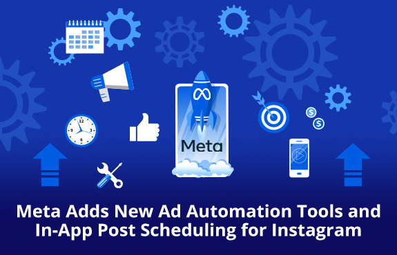 Meta-Themed Rocket Launching Out of Phone Surrounded by Ad Automation Tools and Instagram's In-App Post Scheduler