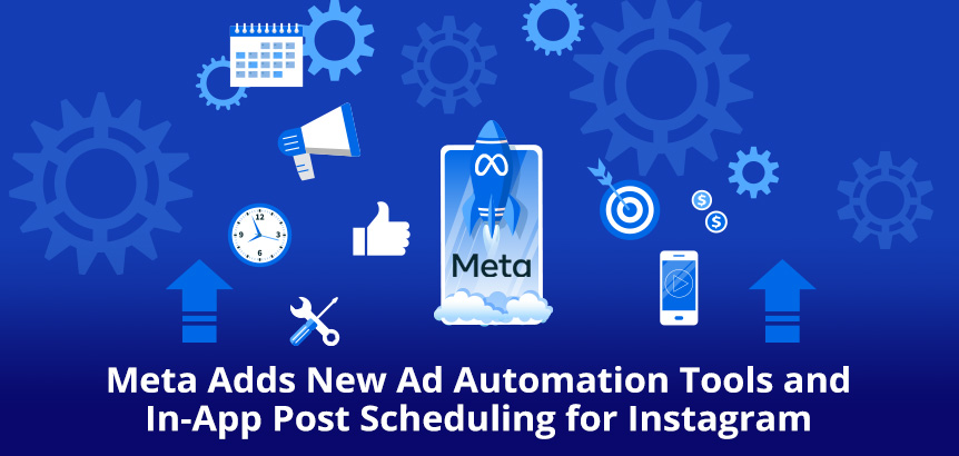 Meta-Themed Rocket Launching Out of Phone Surrounded by Ad Automation Tools and Instagram's In-App Post Scheduler