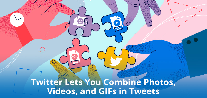 Four Hands Holding Puzzle Pieces With Media Format Icons as Twitter Posts Combine Photos, Videos, and GIFs