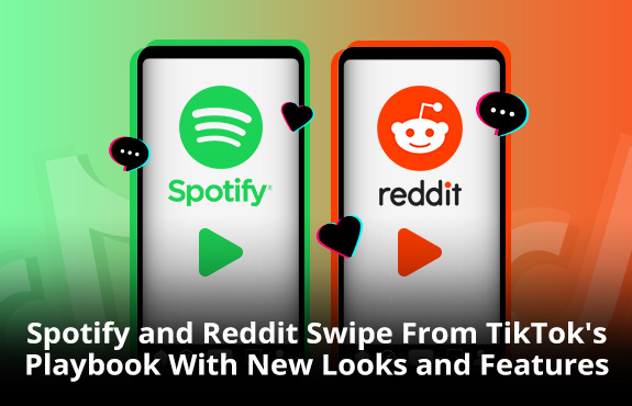 Phones Showing Reddit and Spotify Logo as Both Redesign Apps To Look Like TikTok's Video Feed