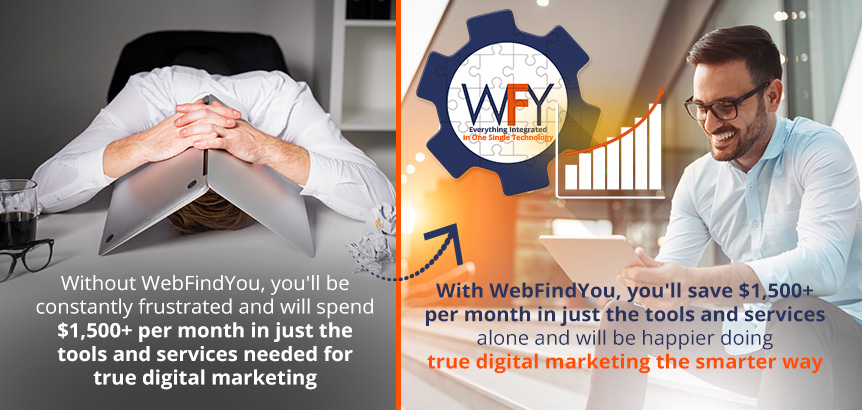 With Webfindyou, You'll Save $1,500+/Month in Tool and Services Doing True Digital Marketing the Smarter Way Without Webfindyou, You'll Be Constantly Frustrated Spending $1,500+/Month in Tool and Services Needed for Digital Marketing