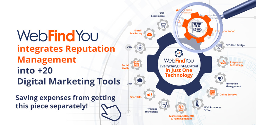 WebFindYou integrates Reputation Management into 20+ Digital Marketing Tools. Saving expenses from getting this piece separately