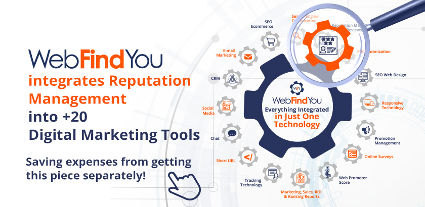 WebFindYou integrates Reputation Management into +20 Digital Marketing Tools. Saving expenses from getting this piece separately WebFindYou integrates Reputation Management into 20+ Digital Marketing Tools. Saving expenses from getting this piece separately